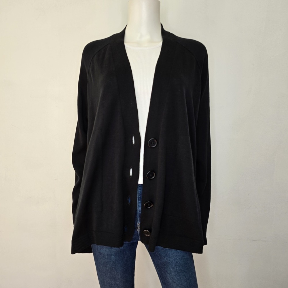 Planet Lauren G Black Cardigan Sweater One Size V-Neck Button A-Line Lagenlook